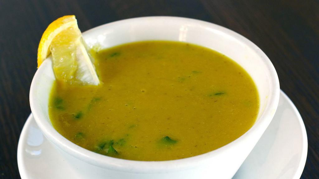 Lentil Soup · A delicately spiced lentil soup with roasted garlic flavor.