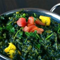 Sag Paneer · Vegetarian. Fresh spinach cooked with homemade farmer's cheese, nutmeg, spices, ginger and c...
