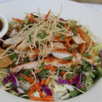 Asian Chicken Salad · Teriyaki chicken, fresh cilantro, toasted golden almonds and green onions over crispy salad ...