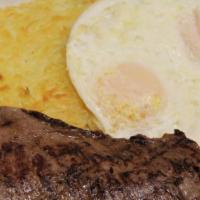 New York Steak & Eggs · 8 oz. choice cut. Broiled to perfection.