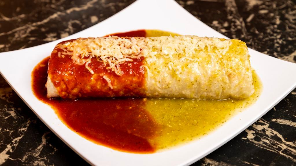 Wet Burrito · Choice Any burrito, melted cheese with green or red sauce on top.