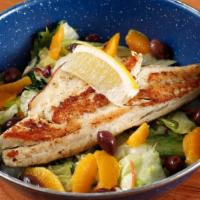 Fish Salad · Grilled Barramundi filet , orange, kali greens, lemon oregano vinaigrette, kalamata olives.