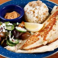 Fish Rice Plate · Grilled Barramundi filet, Rice, Chickpeas, Orzo, Kali Greek salad, paprika aioli & Pita