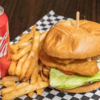 Fish Sandwich (Basket) · Three cod fish fillets served on a sesame seed bun with tartar sauce, lettuce & tomato.