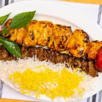 Chicken and Koobideh Combo · Two kabobs, chicken and ground beef.