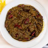 Ghormeh Sabzi · A hearty stew of lean beef, kidney beans, spinach, onions, cilantro and dry lemon.