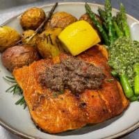 Canadian Salmon Entree · Organic & sustainably farmed Canadian Salmon, pistou sauce, and veggies.

With your choice o...