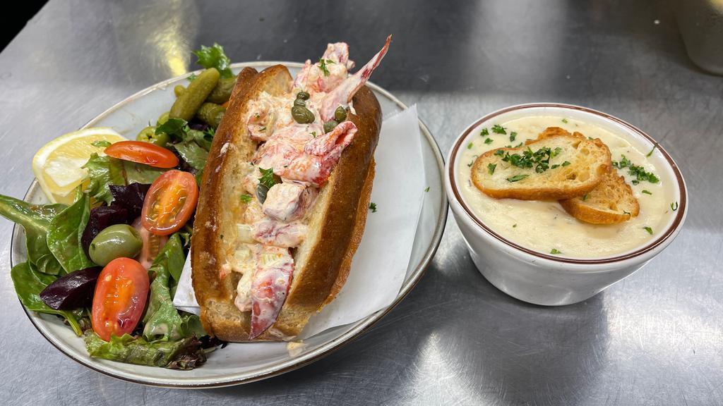 Lobster Roll & Cup of Soup Combo · Lobster Roll Sandwich and Cup of Soup. 

Lobster Roll: Maine lobster meat, capers, aioli, toasted Wedemeyer Kaiser roll, served with mixed green salad. Contains gluten (bun).

Lobster Corn Soup: Lobster stock, saffron, tarragon, sherry. Contains gluten and dairy.