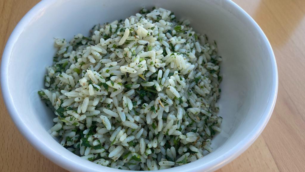 Side Green Herb Rice · Tarragon, thyme, oregano, parsley, and basil Herb Rice. Gluten Free.