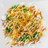 Asian Chicken Salad · Bell peppers, carrots, scallions, fried flour tortilla, chopped cilantro, roasted peanuts an...