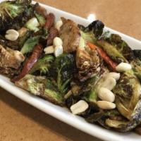 Kung Pao Brussels Sprouts · Chicken sausage, sweet soy, chile de arbol, toasted peanuts. 350 cal.