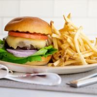 Nordstrom Burger · 1500/1140 cal. sharp white cheddar cheese, lettuce, tomato, red onion, roast garlic aioli, t...