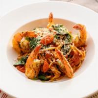 Spicy Wild Shrimp Pomodoro · 840 cal. tomato sauce, baby spinach, heirloom tomatoes, parmesan cheese, fresh herbs