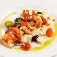 Gamberi alla Mediterranea · Tiger prawns sautéed in garlic, olive oil, olives, fresh tomato, mushrooms, green onions, fe...