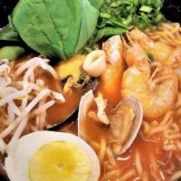 Seafood Ramen · Seafood broth, shrimp, mussels, clams, squid, nori sheet, scallions, bean sprouts, tamago. P...