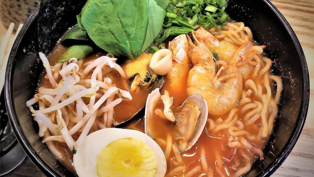 Seafood Ramen · Seafood broth, shrimp, mussels, clams, squid, nori sheet, scallions, bean sprouts, tamago. Popular in Yoshi.