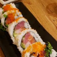 Crazy Rolla · Raw.  red tuna, white tuna, salmon, avocado, cucumber sprinkled with tobiko.