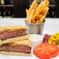 Spruce Burger · English Muffin Bun, Sides of : Pickled Zucchini & Onions, Tomato, French Fries