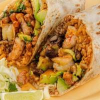 Garlic Shrimp Burrito · Sautéed shrimp, avocado, rice, black beans, smoky chile salsa, pico de gallo, garlic salsa, ...