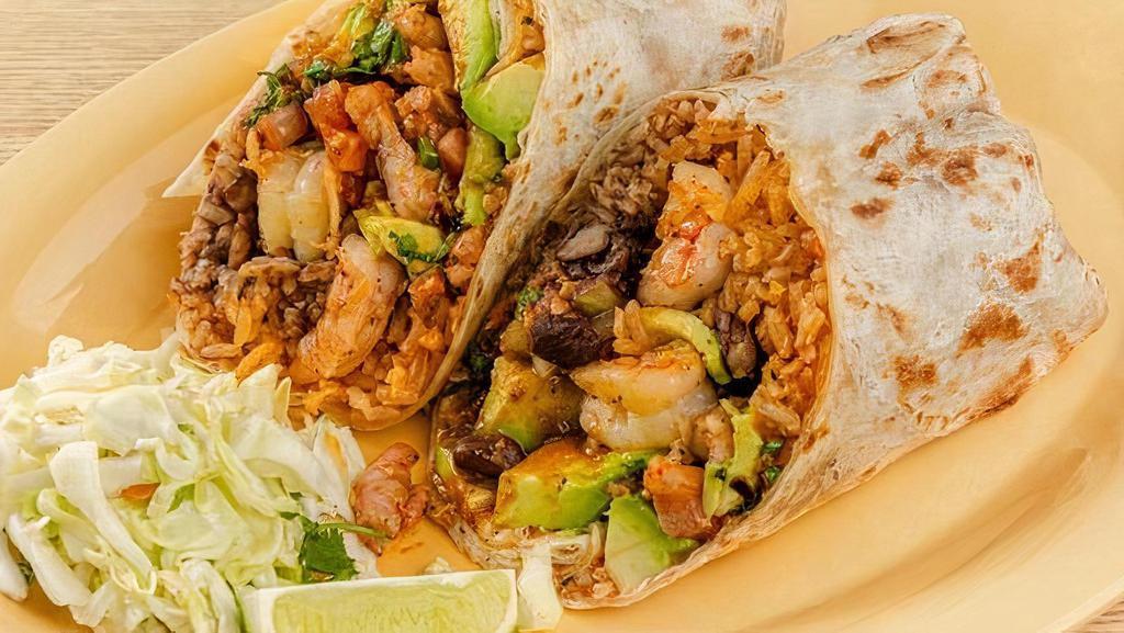 Garlic Shrimp Burrito · Sautéed shrimp, avocado, rice, black beans, smoky chile salsa, pico de gallo, garlic salsa, chopped cilantro & onions.