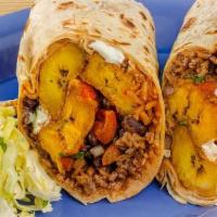 Fried Plantain & Black Bean Burrito · Toasted tortilla filled with fried plantains, black beans, jack cheese, roasted red bell pep...
