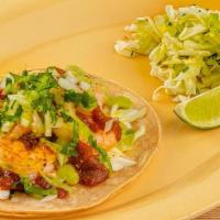 Garlic Shrimp Tacos (2) · Two corn tortillas with sautéed shrimp, avocado, rice, black beans, smoky chile salsa, pico ...