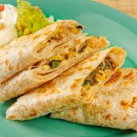 Fajita Cheese Quesadilla · Toasted tortilla filled with jack cheese, poblano peppers & onions.