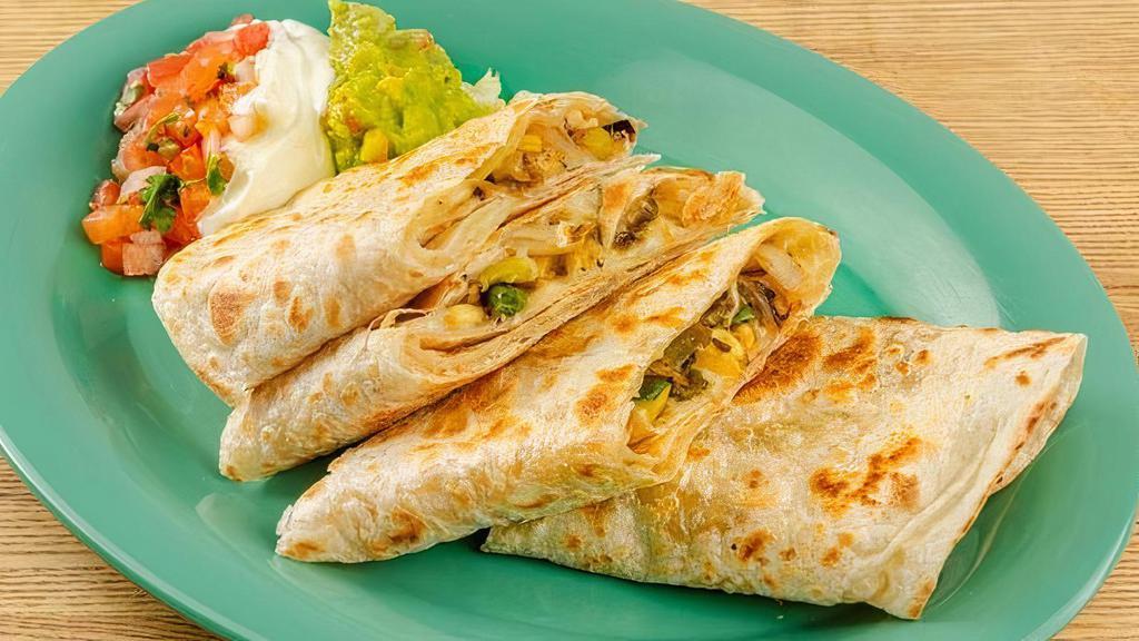 Fajita Cheese Quesadilla · Toasted tortilla filled with jack cheese, poblano peppers & onions.