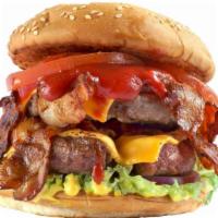 Double Bacon Cheeseburger · 2 juicy grilled beef patties served on a toasted bun with cheese, bacon, mayonnaise, lettuce...
