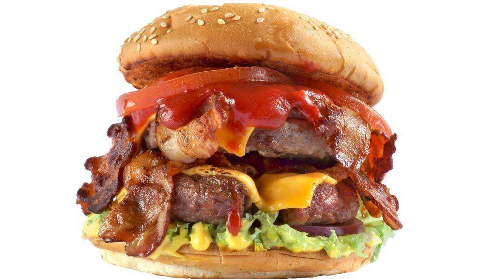 Double Bacon Cheeseburger · 2 juicy grilled beef patties served on a toasted bun with cheese, bacon, mayonnaise, lettuce, tomatoes, and red onions.