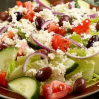 Greek Salad (GF) · Fresh organic romaine lettuce topped with tomatoes, cucumbers, and feta cheese. Served with ...