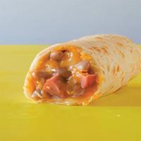 Hot Dog Burrito · Beef hot dog, pinto beans, cheese.