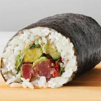 Ahi Tuna Roll · Nori wrap, sushi rice, wasabi ginger sauce, arugula, guacamole, pickled red onions, pickled ...