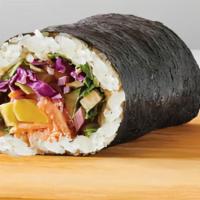 Miso Salmon Roll · Nori wrap sushi rice, wasabi ginger sauce, arugula, mango, sesame coleslaw, pickled red onio...
