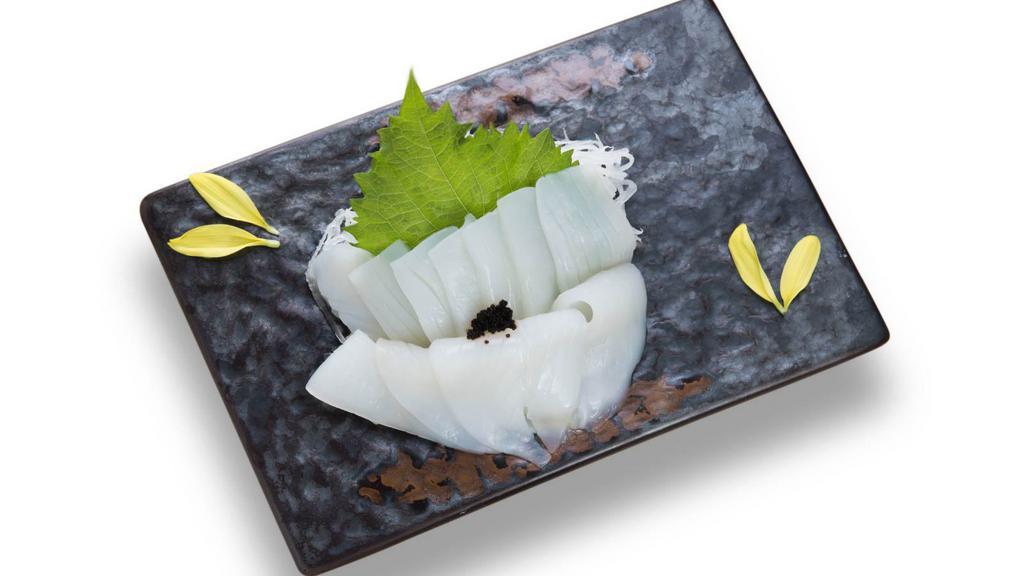 Ika (Squid) Sashimi  · Sliced raw Squid meat served with daikon radish.