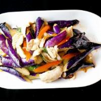 57. Sautéed  Eggplant · Sautéed  Chinese eggplant, basil, garlic & black bean sauce (Please choose meat, tofu or sea...