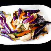 95.  Sautéed Eggplant · Sautéed tofu eggplant w/bean sauce, garlic, chili & basil