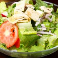 Fattoush Salad · Organic romaine, cucumbers, tomatoes, mint, radishes, crunchy pita, onions, parsley, & sumac.