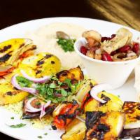 Veggie Kebab Plate · Vegetarian. Marinated eggplant, zucchini, mushrooms, bell peppers & onions with rice, hummus...