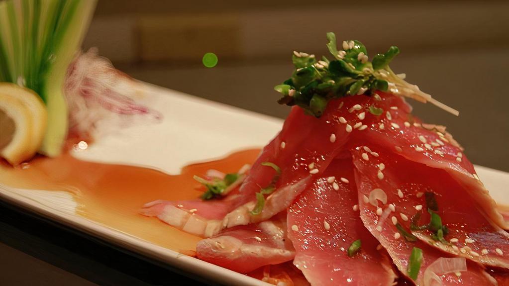 Chu-toro Tataki · Flamed seared chi-toro sashimi, sizzling ponzu sauce, crispy rice, scallion