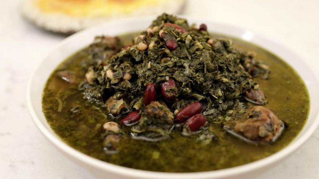 Ghormeh Sabzi Stew · Hot, inviting stew of sautéed vegetables, dried limes, beef, and kidney beans. Served with basmati rice.
