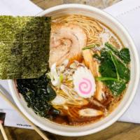 Shoyu Ramen · Tori (chicken) soup with syoyu (soy sauce), pork belly, Tokyo negi (long onion), bamboo shoo...