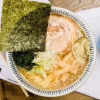 Shio Ramen · Tori (chicken) soup with shio (salt), pork belly, Tokyo negi (long onion), bamboo shoots, dr...