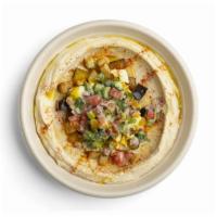 Sabich Hummus · Fried eggplant, potato, hard-boiled egg, Israeli salad, amba sauce, herbs & tahini (gf)