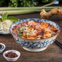 N10. Thai Tom Yum Noodle · Pho Noodle in Homemade Thai Tom Yum & Coconut Milk with Shrimp, Tomato, Lemongrass, vegetabl...