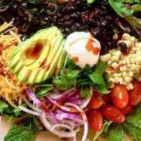 Southwest Salad  · **Cilantro Lime Dressing: Dairy, keto, gluten free**
Organic mixed greens, blackbeans, chedd...
