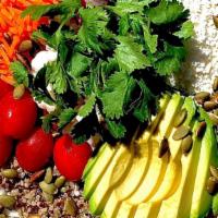 Quinoa bowl Mexican style  with Cilantro Lime Dressing · **Cilantro Lime Dressing: Dairy, Keto, Gluten Free**
Organic house quinoa blend, spinach, sh...