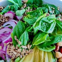 Quinoa Garden bowl with Ranch Dressing · **Ranch Dressing: Has Egg, Dairy, Keto, Gluten Free**
Organic house quinoa blend, spinach, a...