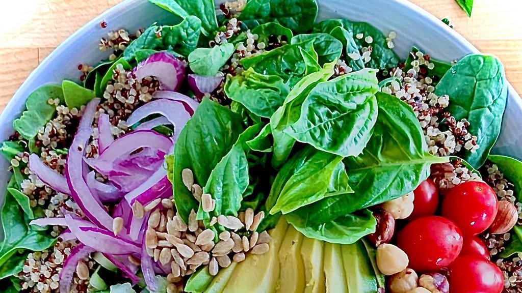 Quinoa Garden bowl with Ranch Dressing · **Ranch Dressing: Has Egg, Dairy, Keto, Gluten Free**
Organic house quinoa blend, spinach, avocado, cucumber, shredded carrots, cherry tomatoes, red onion, sunflower seeds, toasted hazelnuts, basil (Vegetarian) (sub ranch for balsamic dressing and its vegan)
