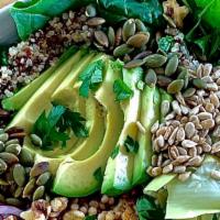 Quinoa Hearty Vegan bowl with Balsamic Dressing · **Ranch Dressing: Has Egg, Dairy, Keto, Gluten Free**
Organic house quinoa blend, spinach, P...